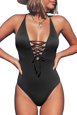 CUPSHE Womens Solid Color V Neck Lace Up One Piece Swimsuit