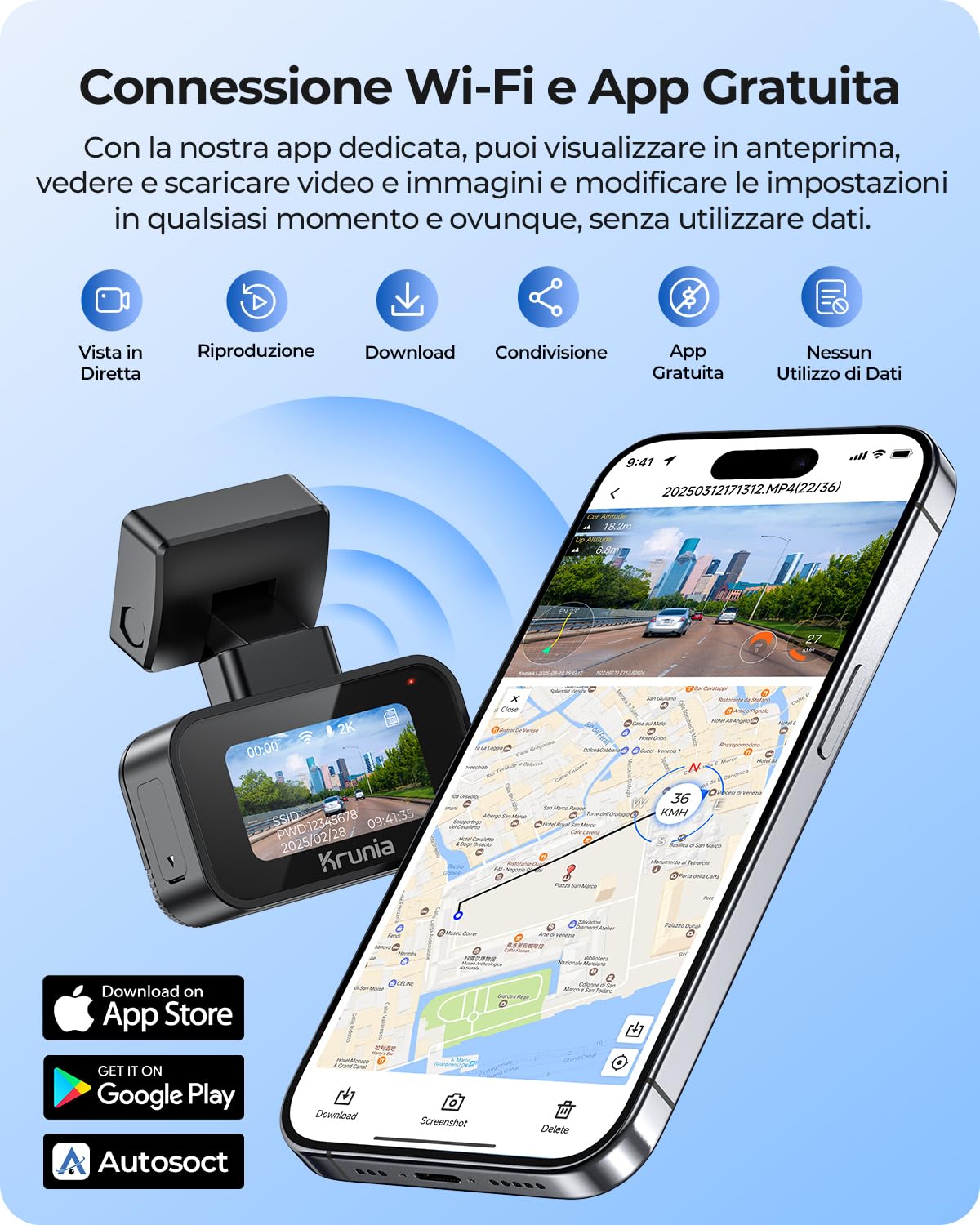 2K Wi-Fi Mini Dash Cam Auto, Telecamera con App, Compatibile con CPL e GPS Esterni, Supporti Magnetici, Visione Notturna WDR, Sorveglianza Parcheggio 24h, Supercondensatore, Angolo 170°