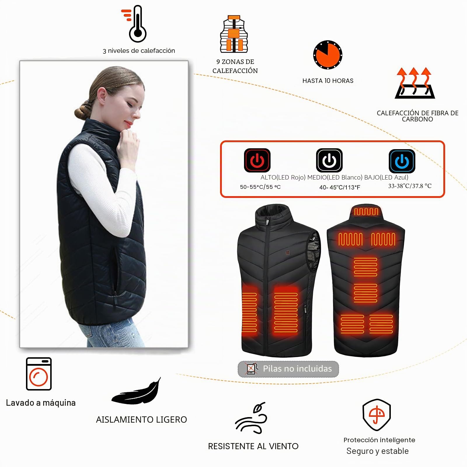 Monave Chaleco calefactable Mujer,Chaqueta Calefactable con 9 Elementos de Calefacción de Fibra de Carbono 3 Niveles de Temperatura Control de Doble Botón Negro