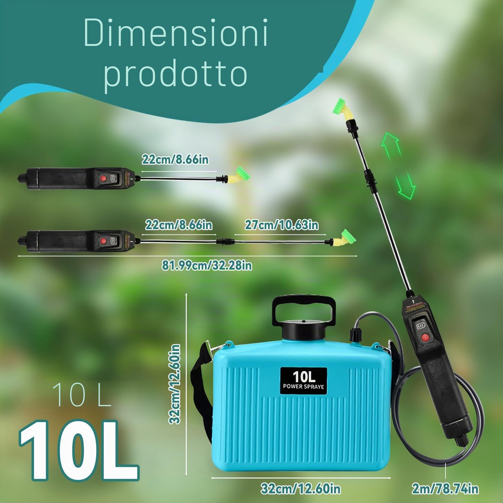 Spruzzatore a zaino alimentato a batteria da 10L, spruzzatore elettrico da giardino con manico ricaricabile USB 4000mAh con 4 ugelli