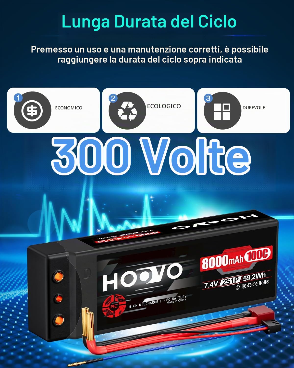 2S batteria Lipo 8000 mAh 7,4 V 100 C RC batteria rigida Lipo Batterie con Banana to Dean-T Style Plug HOOVO per RC Evader BX Auto Truck Truggy Hobby (2 pezzi)