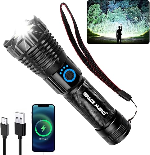 Linternas recargables de alto lúmenes, súper brillante, 50000 lúmenes, potente linterna y linterna táctica con caja de regalo, 5 modos, impermeable,