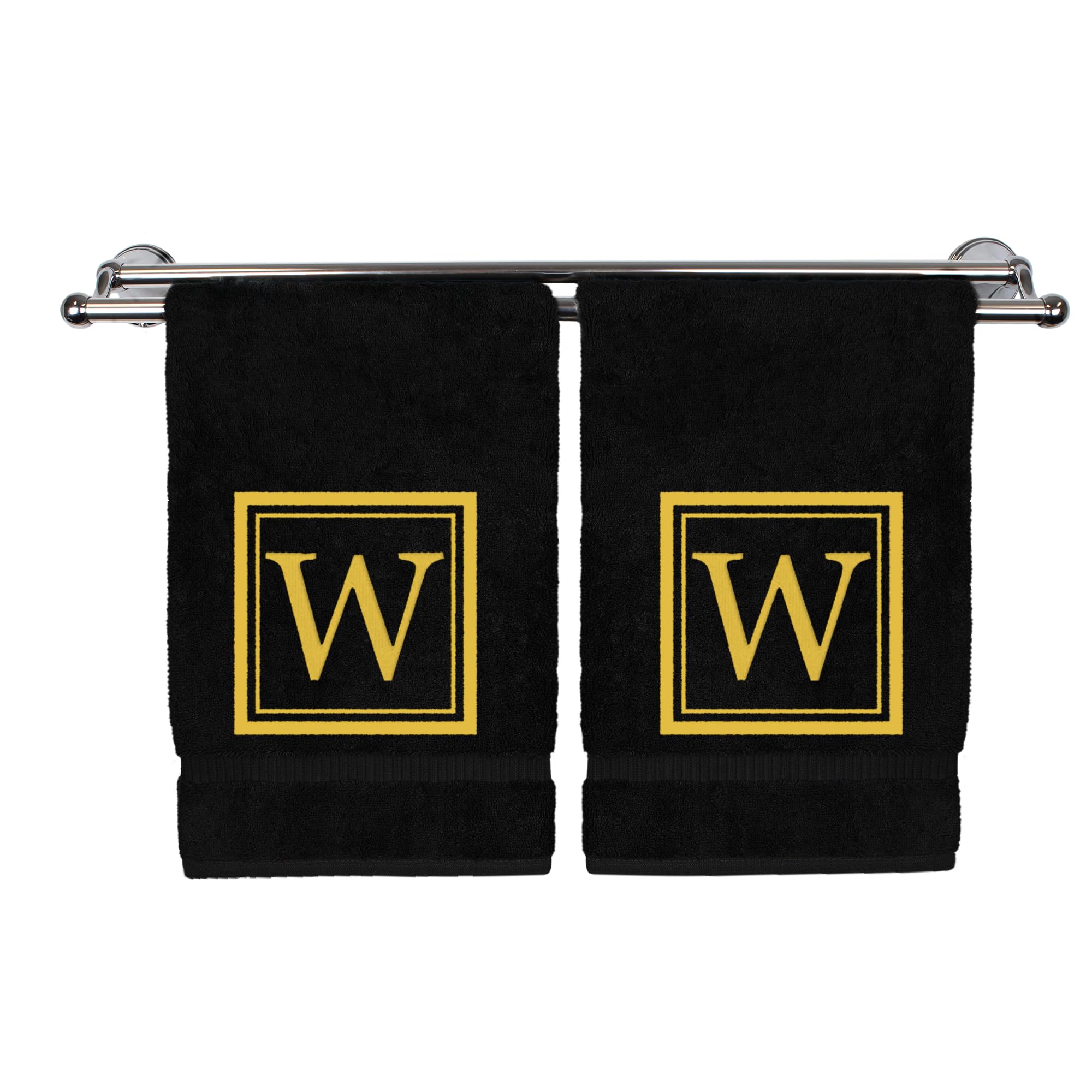 Monogrammed Hand Towel, 16 x 30 Inches Set of 2, Personalized Gift- Gold Letter Embroidered with Square Design on Black Towel - Extra Absorbent - 100%