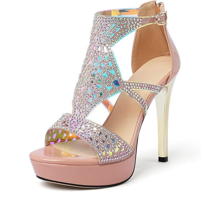 Eldof Women's Platform High Heels - Peep Toe Slingback Sandals With Rhinestones