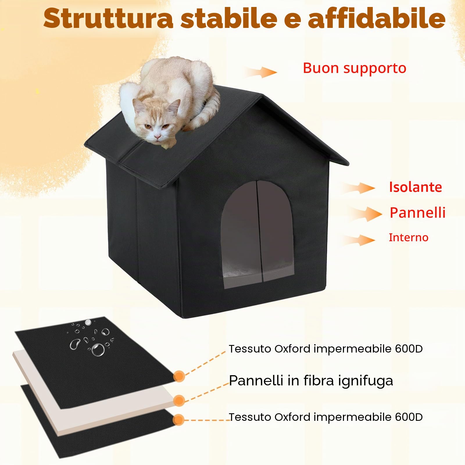 FHTONGE Cuccia Gatto Esterno Impermeabile, Casetta per Gatti Randagino da Esterno Interno con Cuscino e Tenda, Protezione Contro Pioggia e Freddo, Caldo Rifugio per Cucciolo Animali Randagi