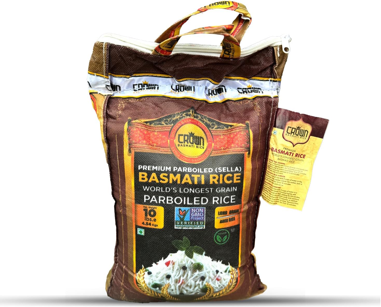 Premium Quality Crown Khushboodaar White Parboiled (Sella) Basmati Rice – White 2 years Aged Basmati Rice – 100% Authentic Extra Long Grain White Basmati Rice From the Foothills of Himalayas 10 lbs.