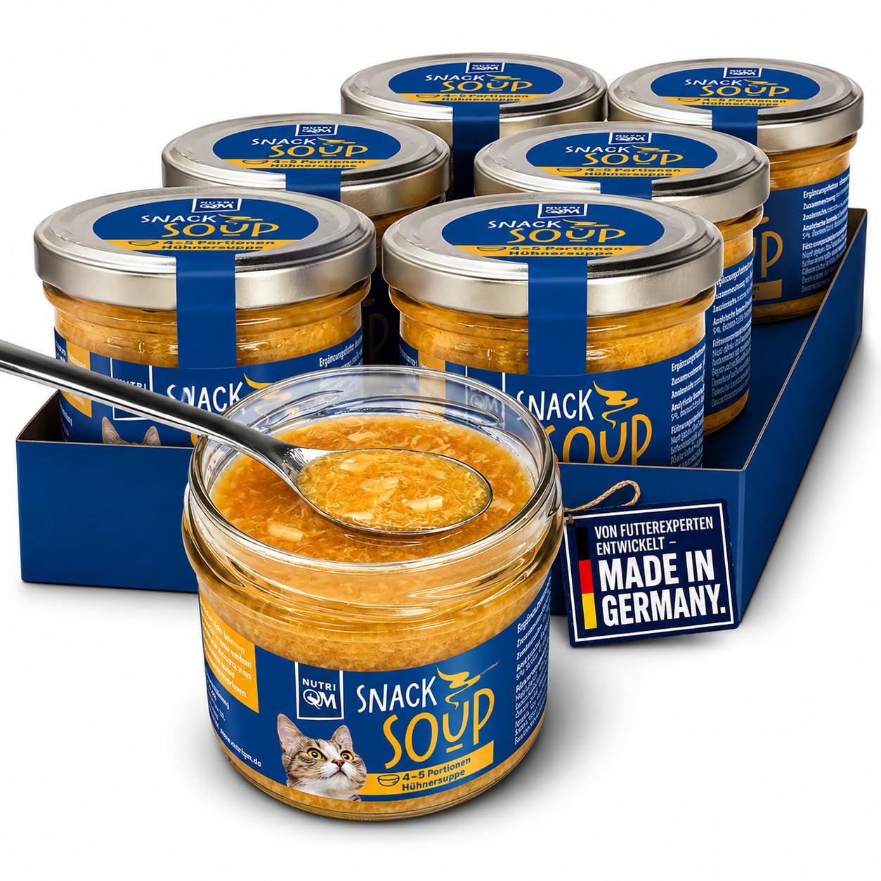 NutriQM® Katzen Suppe Huhn 6 x 190 ml – Premium Katzendrink mit 20 % Filetfleisch – Katzensuppe ohne Zucker & Getreide – Flüssignahrung für Katzen ohne Zusatzstoffe – im Glas – Made in Germany