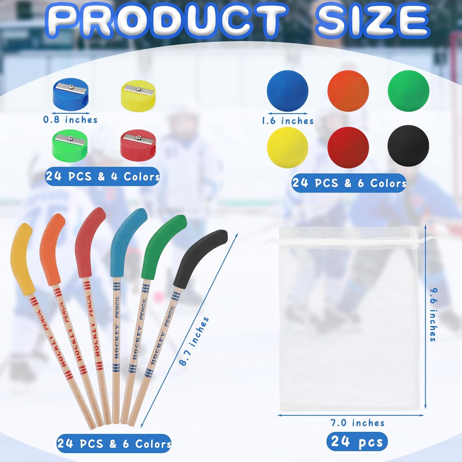 96 Pcs Hockey Party Favors with Multicolor Hockey Stick Pencils, 24 Pencils with Erasers 24 Foam Balls 24 Sharpeners 24 Gift Bags for Sports Theme Birthday Party, Classroom Prizes, Goodie Bags Fillers