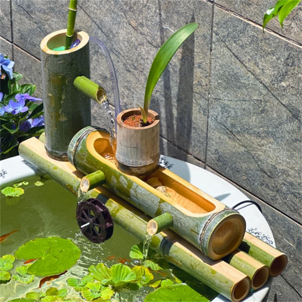 Fontaine à Eau en Bambou avec Pompe Solaire, Fontaine d'extérieur autoportante, Cascade de Jardin Japonaise, Bec verseur, sans réservoir, 20 cm