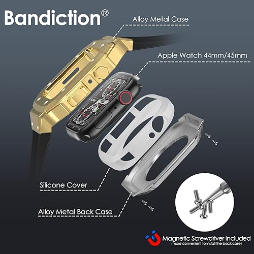 Miniatura 4 de Bandiction Funda resistente de diseño de lujo con correa compatible con Apple Watch Band de 1.732in 1.772in, funda protectora de metal con correa de
