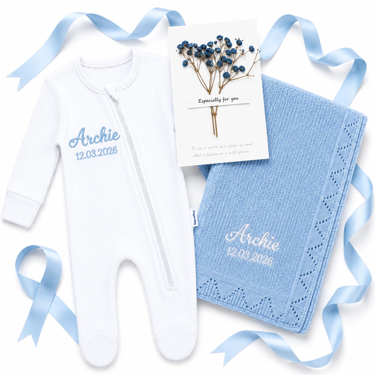 Personalised Baby Blanket and Romper Gift Set, Embroidered Name (O6, 6-12M)
