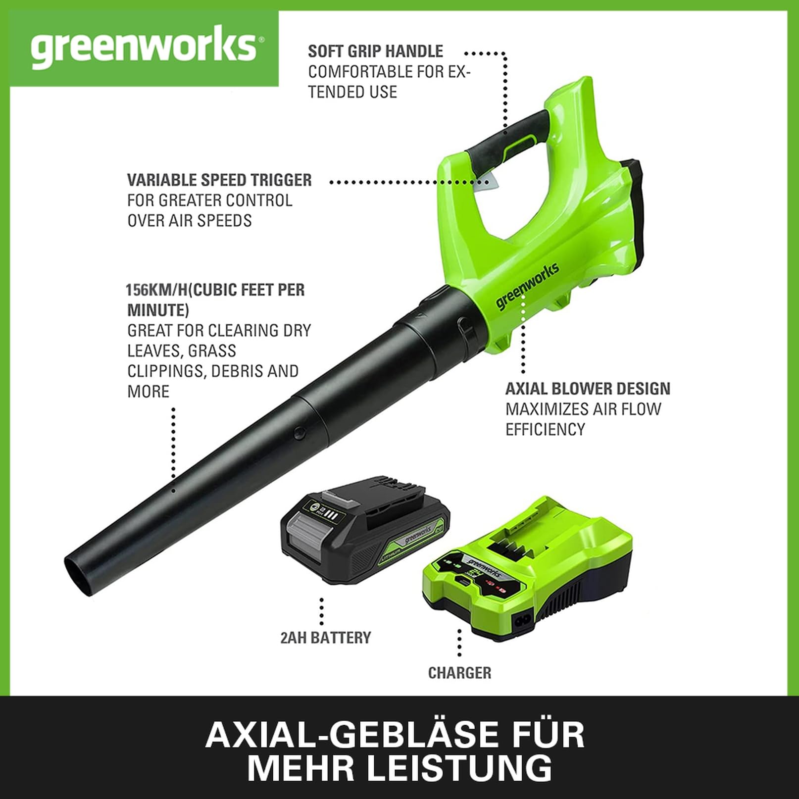 Greenworks G24ABK2 Axial Akku Laubbläser, 156 km/h, 4,27 m³/min, 24V 2Ah Batterie & Ladegerät, 3 Jahre Garantie