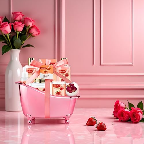 Miniatura 8 de Kit de spa para mujeres, juego de regalo de baño y cuerpo, cesta de regalo de lujo para el hogar, juego de baño con aroma a fresa, regalos