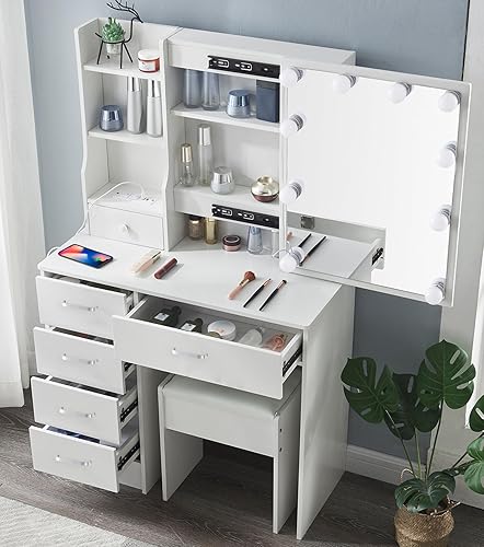 Miniatura 2 de tojump Tocador con espejo y luces, juego de tocador de maquillaje con 5 cajones, tocador de dormitorio con taburete de tocador, blanco (moderno