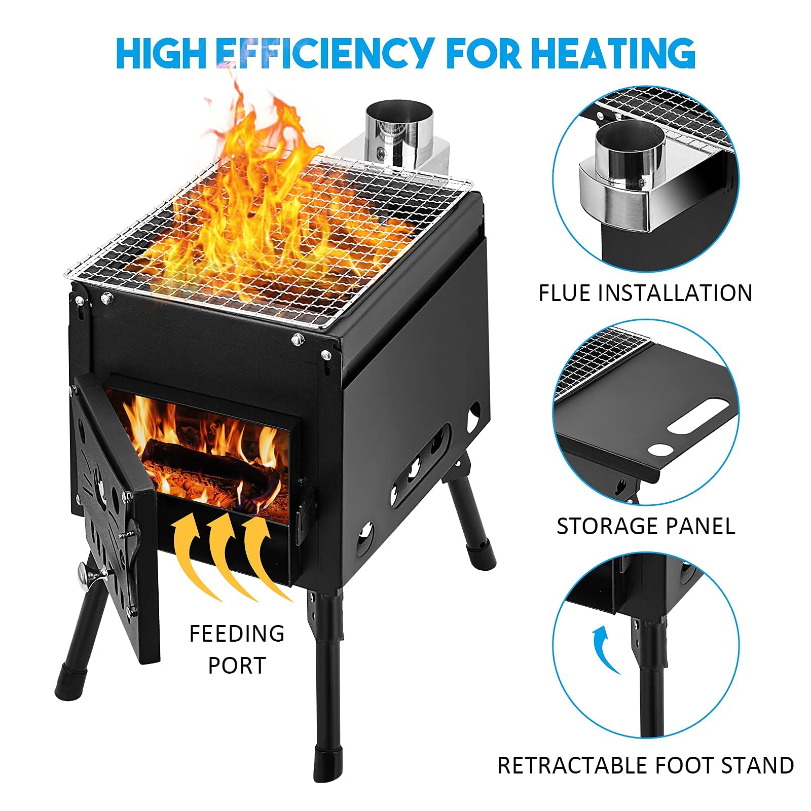 Camping Tent Stove with Chimney Pipes, Portable Wood Burning Outdoor