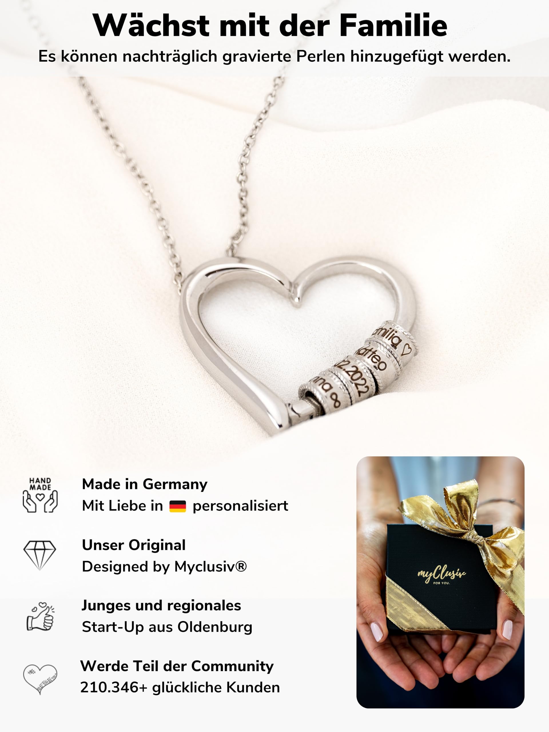 Herzkette mit gravierten Perlen – Personalisierte Namenskette als Geschenk für Frauen & Mama – Damen Halskette aus Edelstahl mit Gravur