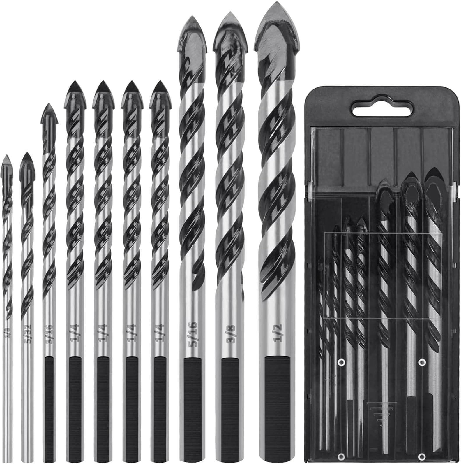 Wisfunlly 10Piece Masonry Drill Bits Set for Tile Glass Ceramic Brick Wood, 1/8 to 1/2 Inch Drilling Bits with Triangle Handle, YG8 Tungsten Steel Alloy Tip Concrete Drill Bit