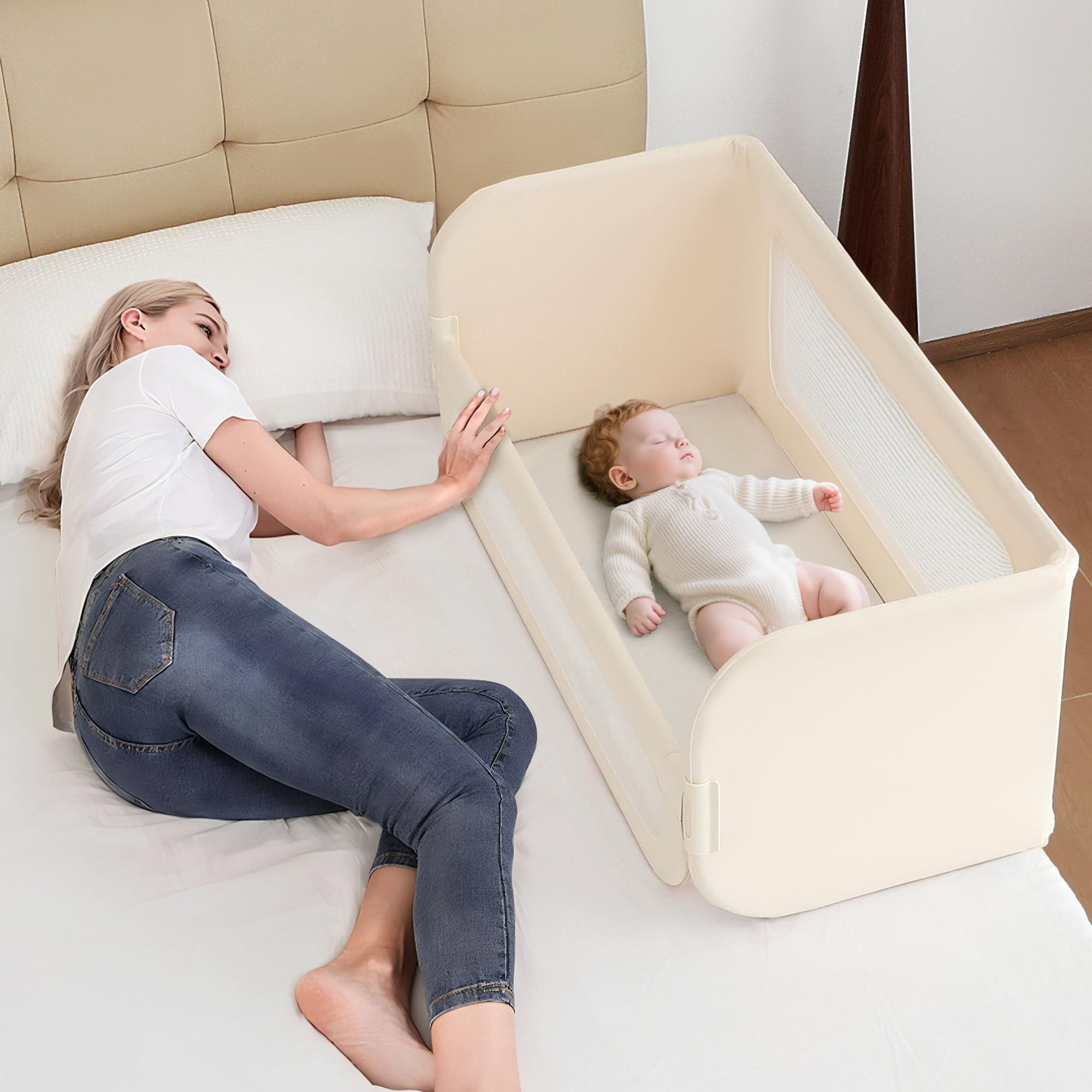 Barriere de Lit Enfant Pliable 2-en-1 185cm avec Sac de Transport, Crème
