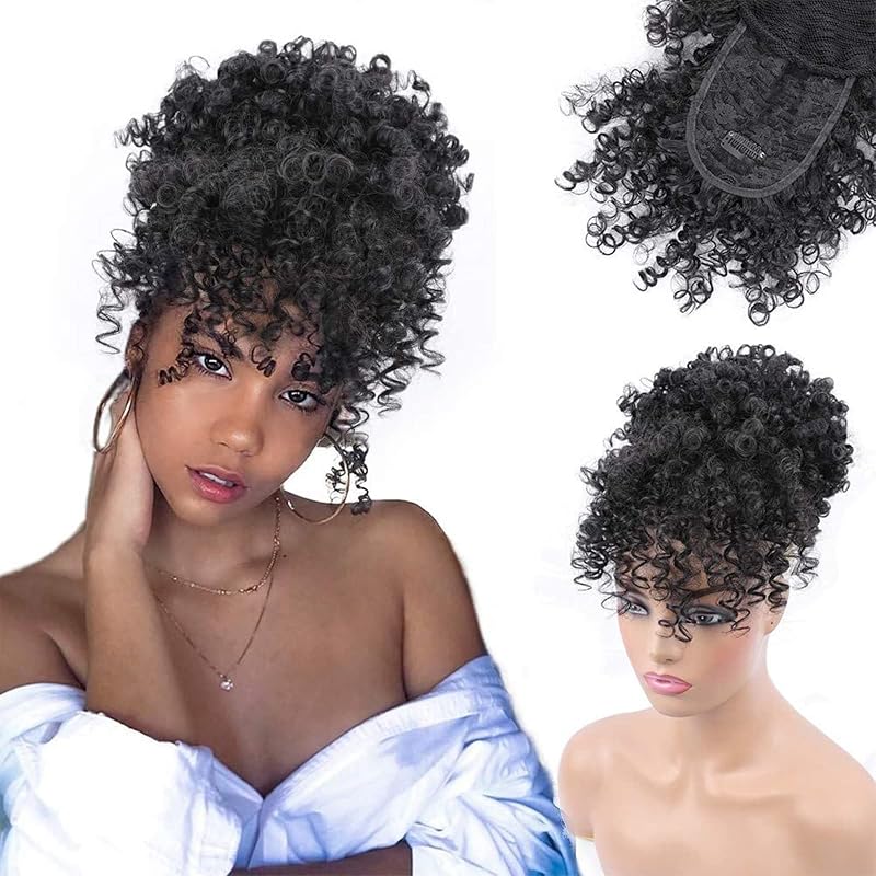 Drawstring Ponytail with Bangs Afro Puff Ponytail Extensions for Women Short Curly Puff Ponytail with Bangs Clip in Wrap Updo Hairpiece for Women(1B) | Short Curly Puff Style, Natural Texture, Secure Drawstring Design, Easy Wrap Updo, Daily Wear, Party, Protective Hairstyles