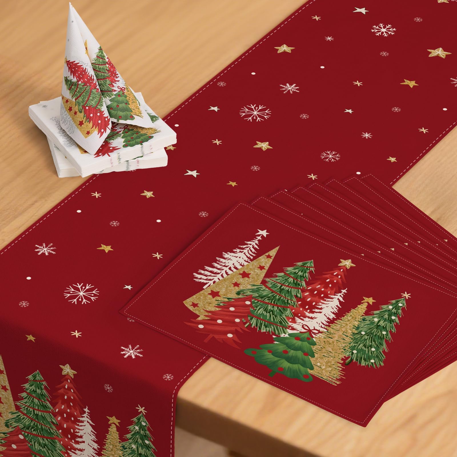 ZWJD Christmas Table Decoration Set, 1 x Table Runner (40 x 240 cm), 8 x Placemats & 2 x Pack of Paper Napkins (40 sheets)