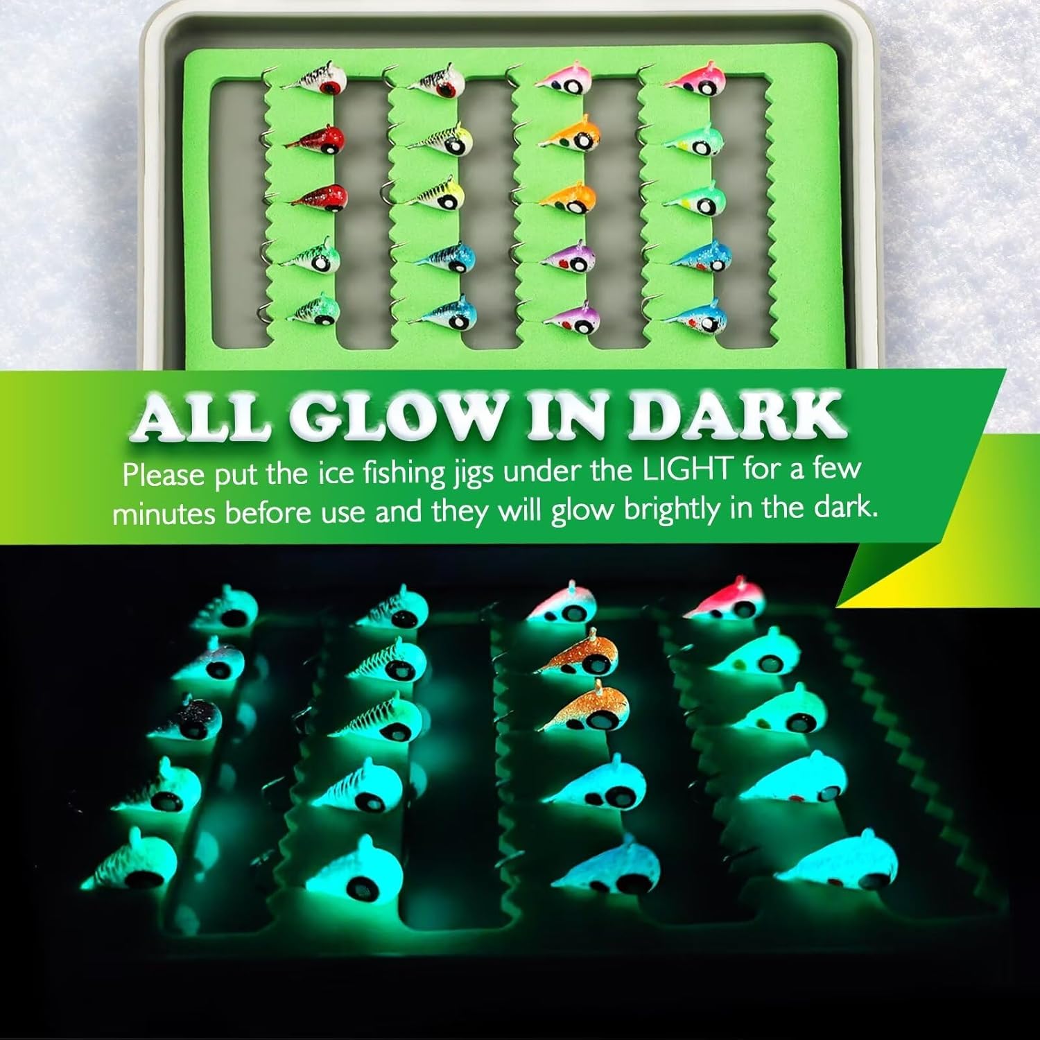 LUCKYFISHING Tungsten Ice Fishing Jigs 20pcs/60pcs Ice Fishing Lures Glow in Dark 1/16oz (1.85g) Crappie Lures Ice Fishing Gear for Panfish Walleye Crappie Ice Fishing Gift
