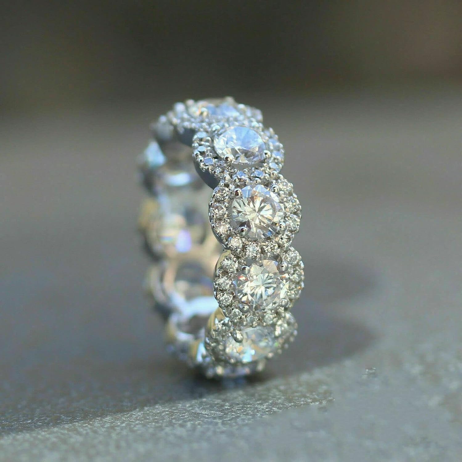 SilverDia 4 Ct Round Cut Simulated Diamond Halo Full Eternity Band Ring 14K White Gold Finish 925 Sterling Silver Handmade Anniversary Gorgeous Ring Gift For Her