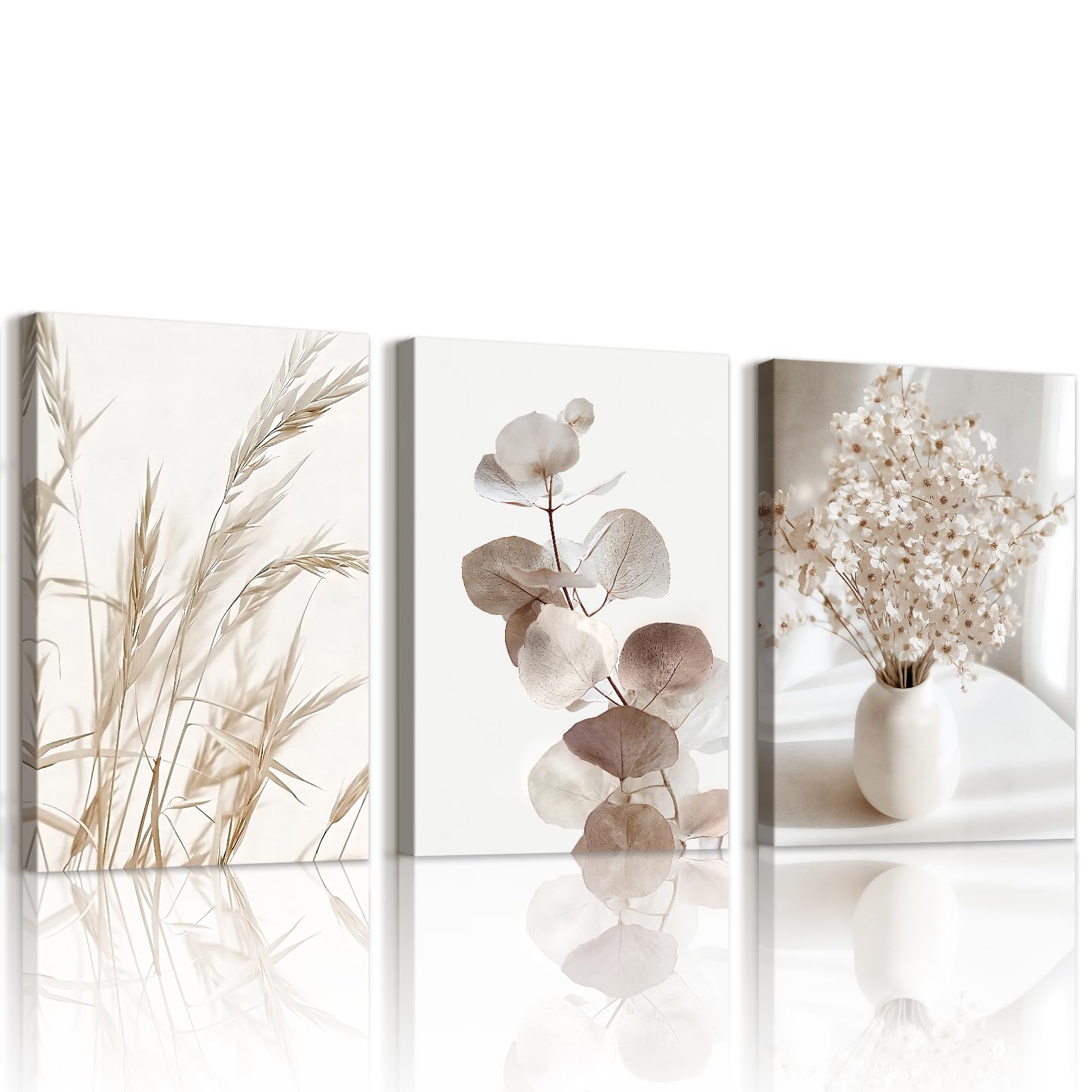 WENGTIAO Set of 3 Boho Floral Canvas Wall Art Framed, Minimalist Reed Flowers Painting on Canvas Modern Living Room Bedroom Wall Decor 30x40cmx3 — image 1