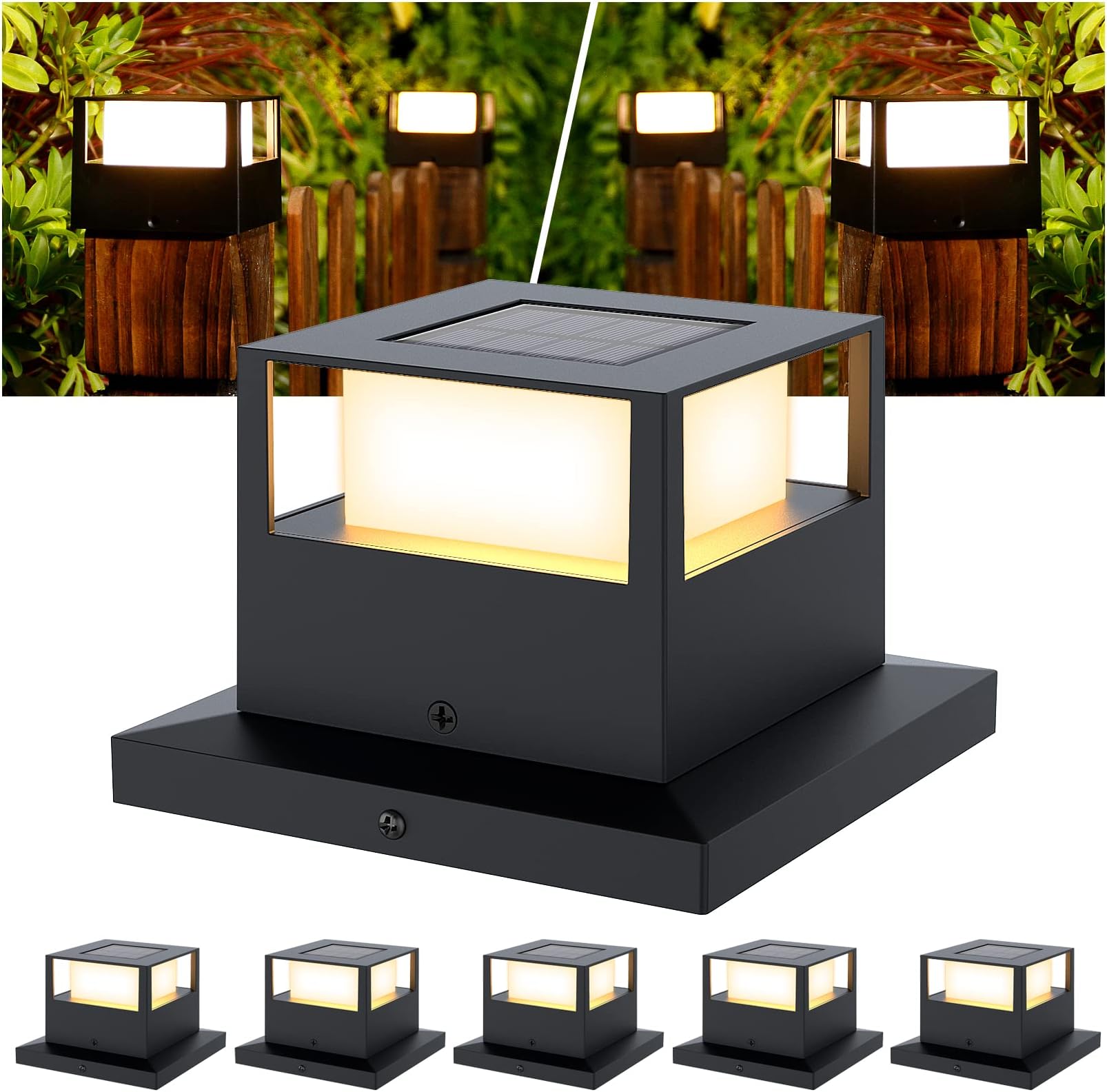 Icerona 6 Pack Solar Post Lights Outdoor Solar Post Cap Lights, 20 Lumen High Brightness Waterproof LED Fence Post Solar Lights with Base for 4x4 5x5 6x6 Wooden Posts,Black