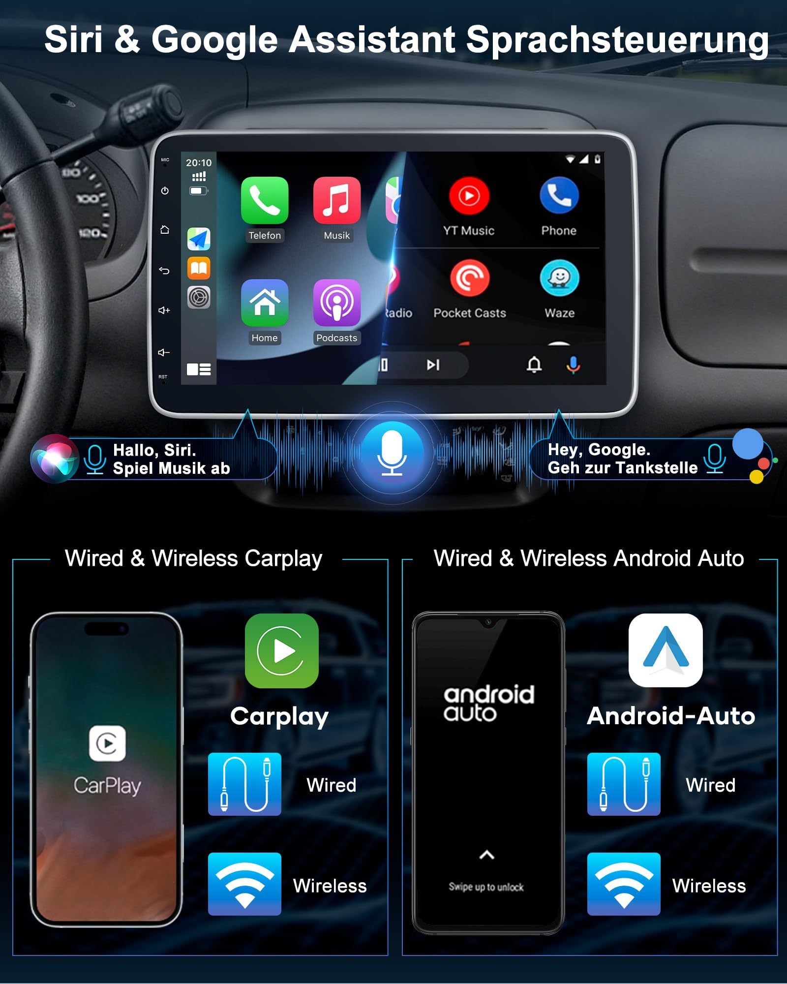 Autoradio mit Bildschirm Single DIN Auto Radio mit Navi Bluetooth Wireless CarPlay Android Auto DAB Plus Rückfahrkamera, 1DIN mit 10.1 Zoll drehbar Touchscreen Monitor, 2+64G Android 14