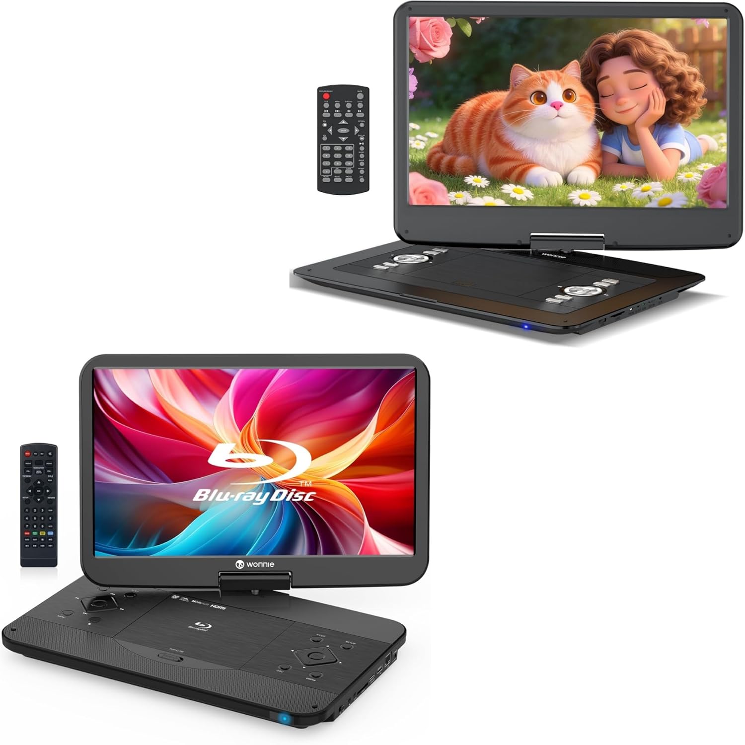 WONNIE Portable Blu Ray Player and Portable DVD Player with 15.6" Large HD Swivel Screen Bundle