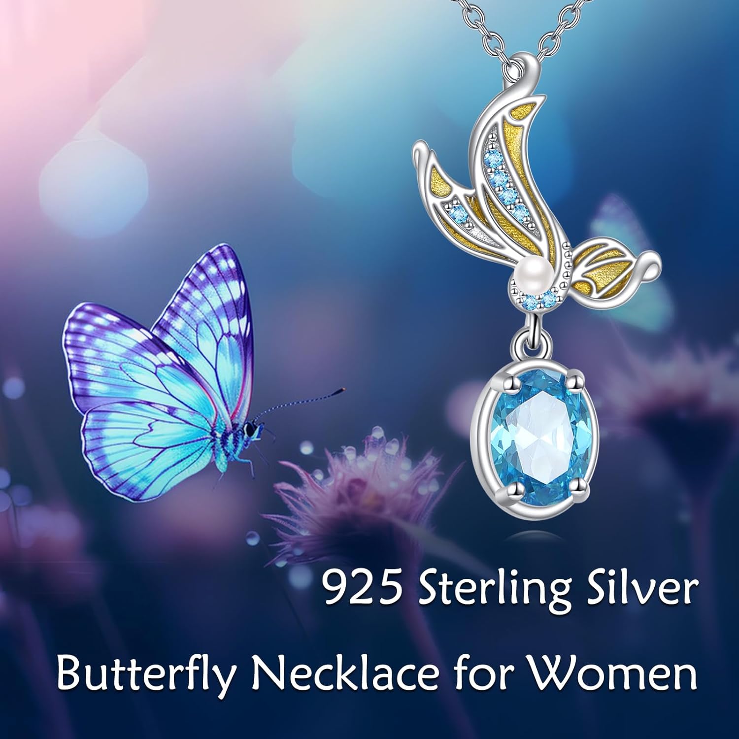 925 Sterling Silver Aquamarine Zircon Butterfly Necklace for Women, Pearl Butterfly Pendant Necklace, Exquisite Jewelry Gift Anniversary Birthday Gift for Her Wife Mother, 18+2 Inch - Image 4