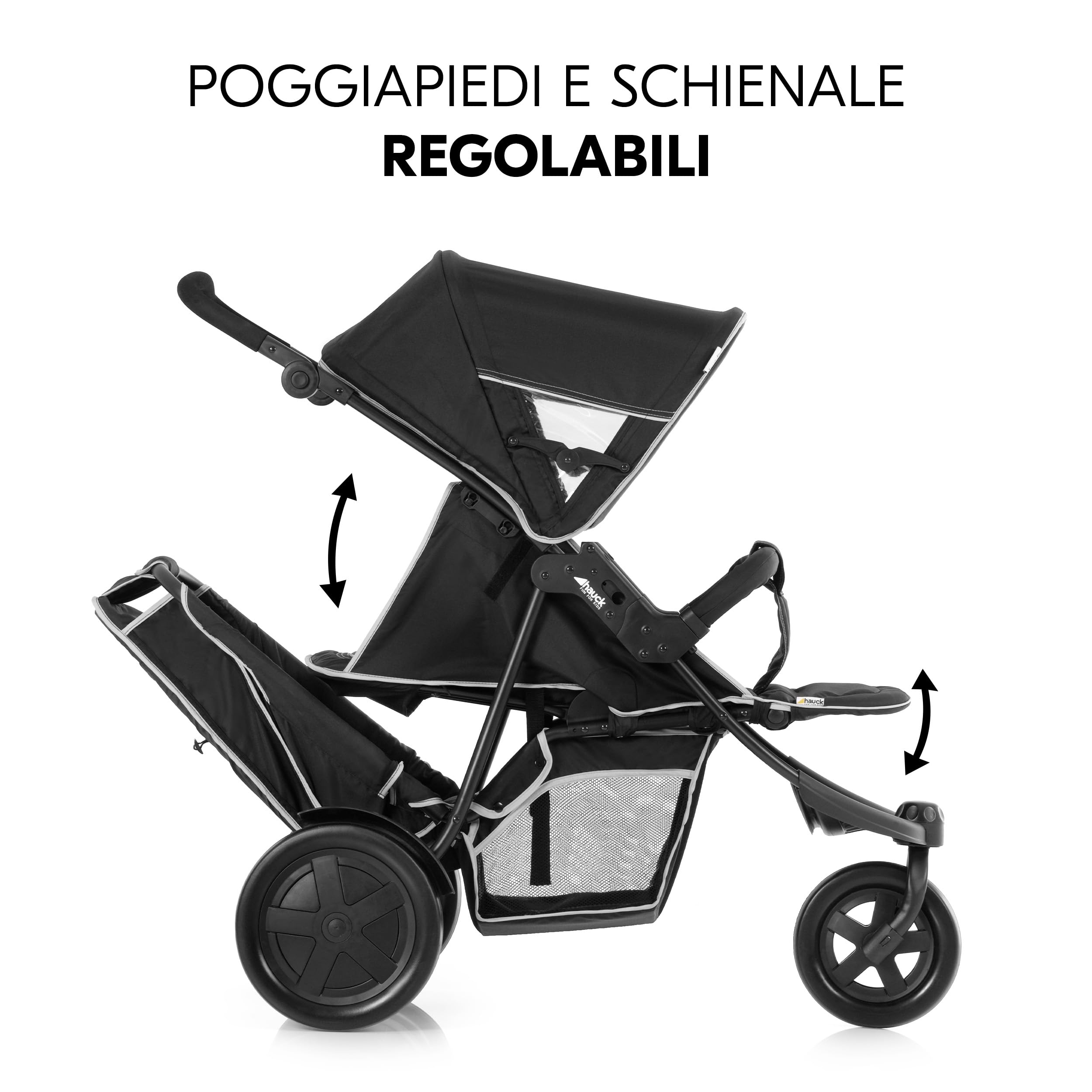 hauck Freerider, Nero - Passeggino 3 Ruote Fratellare Tandem per 2 Bambini Età Diversa, Sedile Superiore dalla Nascita, Seduta in Basso dai 6 Mesi, Maniglione Regolabile, Pieghevole, Grande Cesto