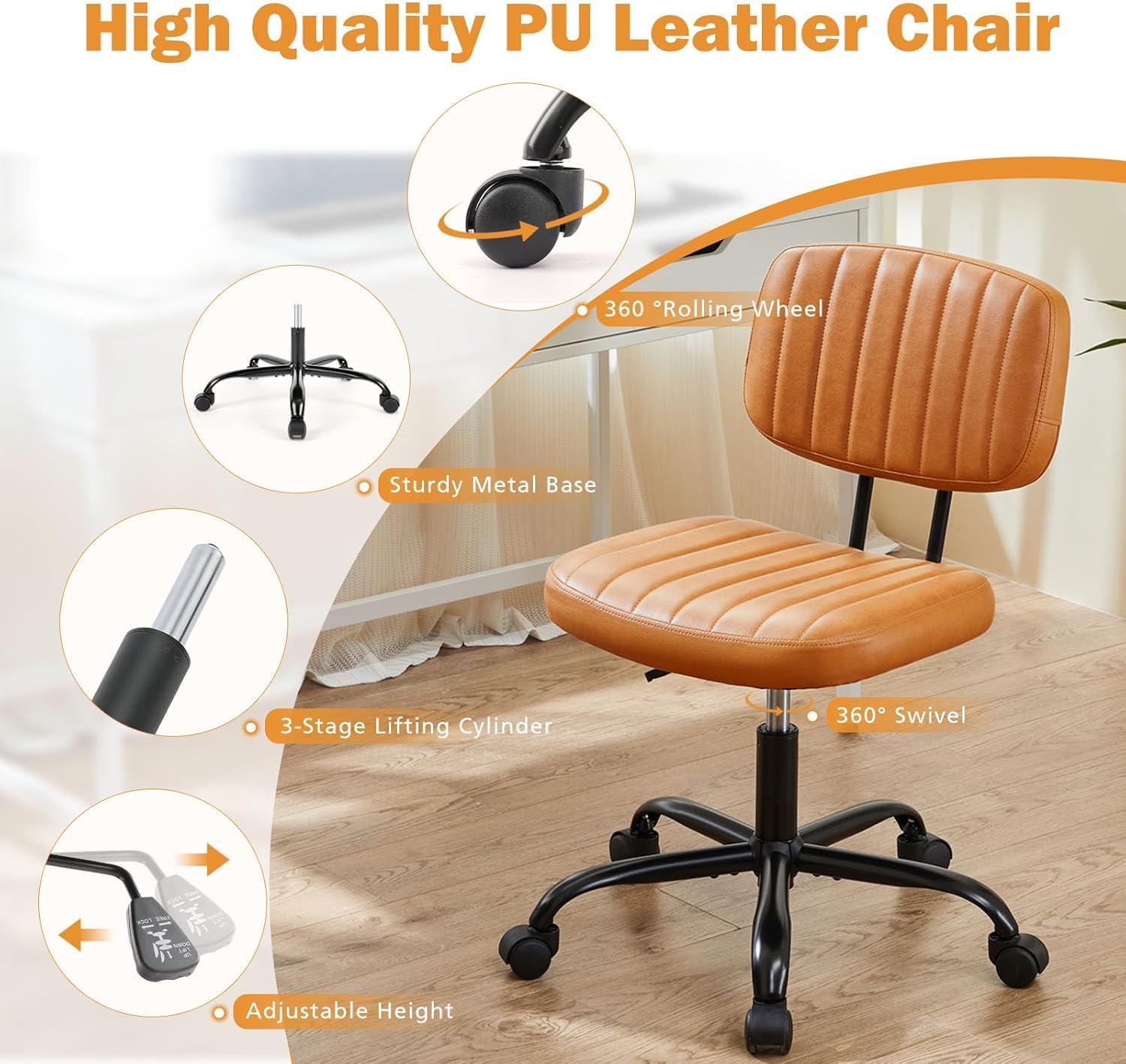 Sweetcrispy Small Office Desk Chair - Armless PU Leather with Comfy Lumbar Support, Height Adjustable Rolling Swivel Task for No Arms, for Adult, Student, Bedroom, Home, Vanity, Brown - 3