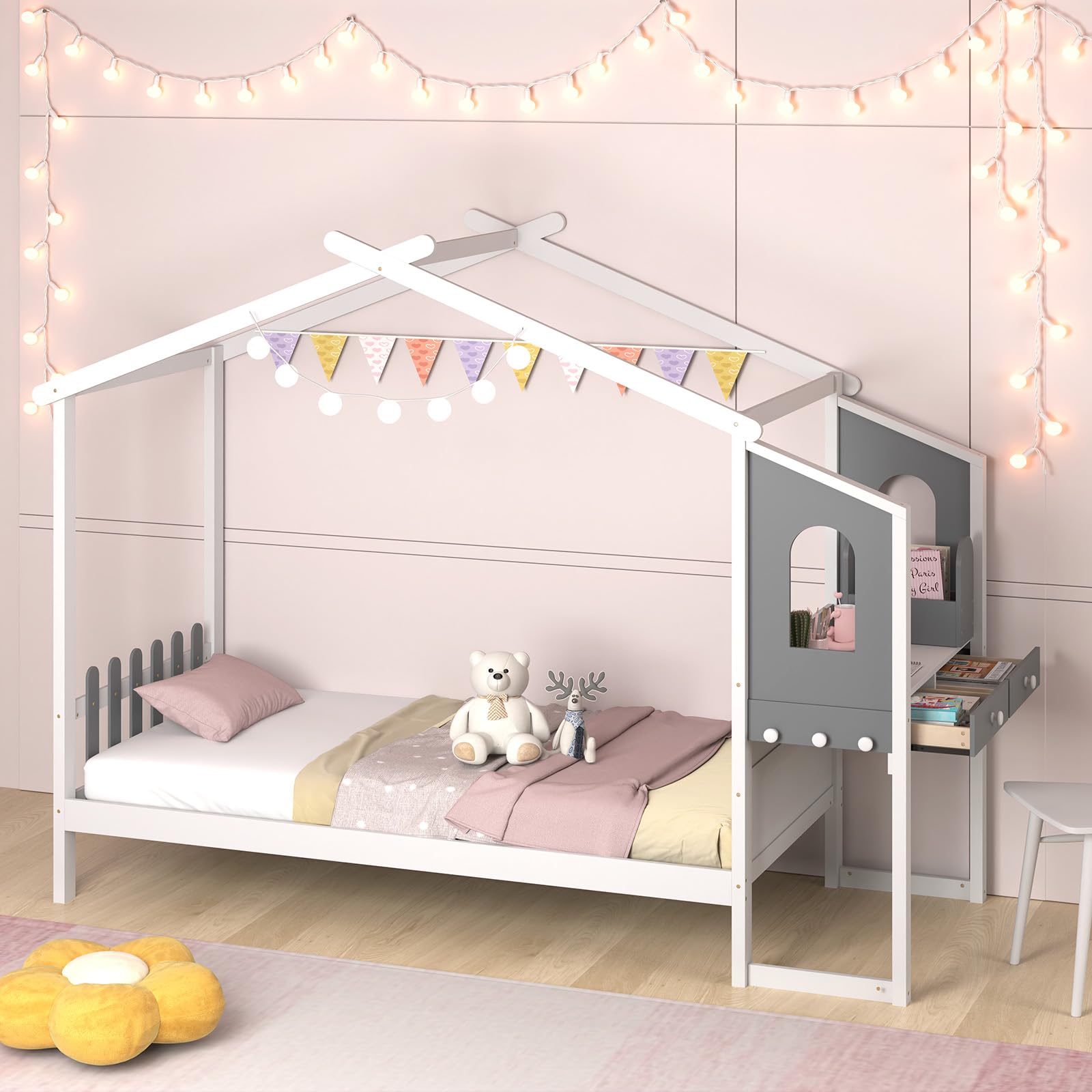 LIFEZEAL 200 x 90 cm Kinderbett mit Schreibtisch, Hausbett mit 2 Schubladen für Kinder & Jugendliche, Jugendbett mit Beine aus Massivholz, Holzbett bis zu 150kg