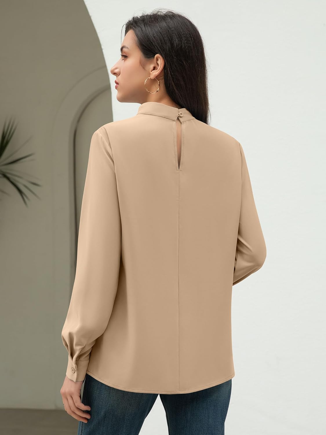 Funlingo Women's Long Sleeve Tops Dressy Casual Mock Neck Work Blouse Fall Trendy Front Pleated Tunic Chiffon Shirts - Image 5