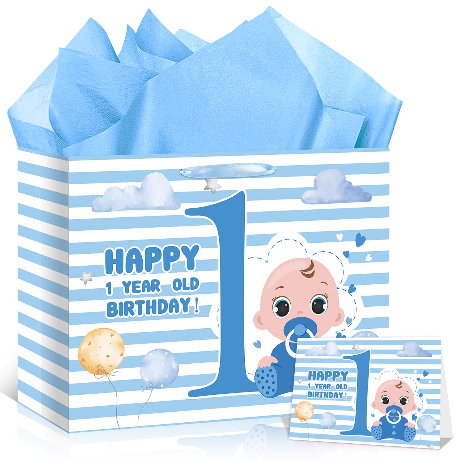 12'' Large Baby Boy 1st Birthday Gift Bag with Wrapping Paper and Card Blue Happy 1st Birthday Gift Bag First Birthday Bag for One Year Old Boys Newborn Baby Shower First Bday Party Supplies