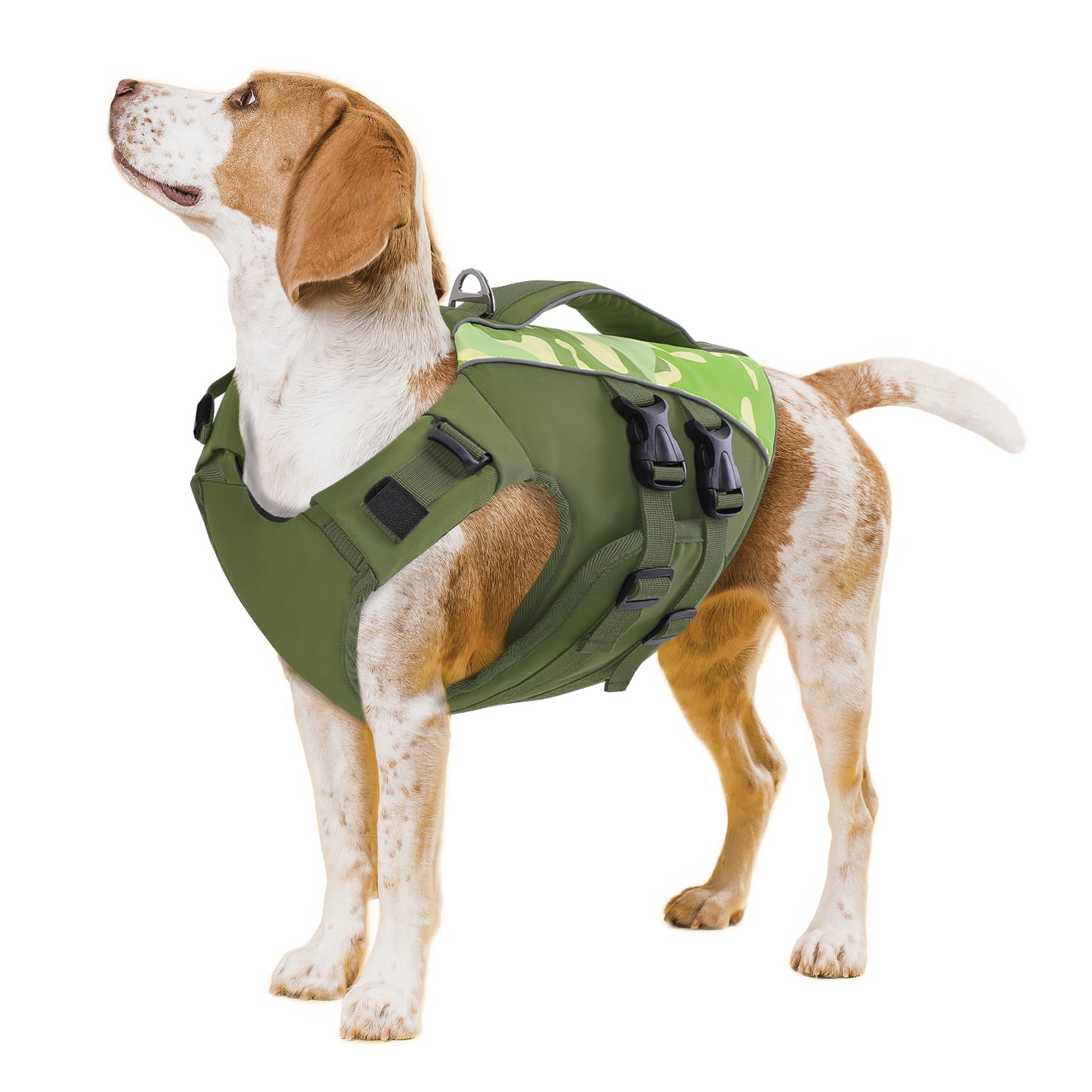 Queenmore Salvagente Cane Taglia Grande - L Verde, Ripstop, Con Maniglia Di Salvataggio, Per Bouledogue Francese/Cocker Spaniel/Windhun,Piscina Cani Accessori(Verde-Camo,L)