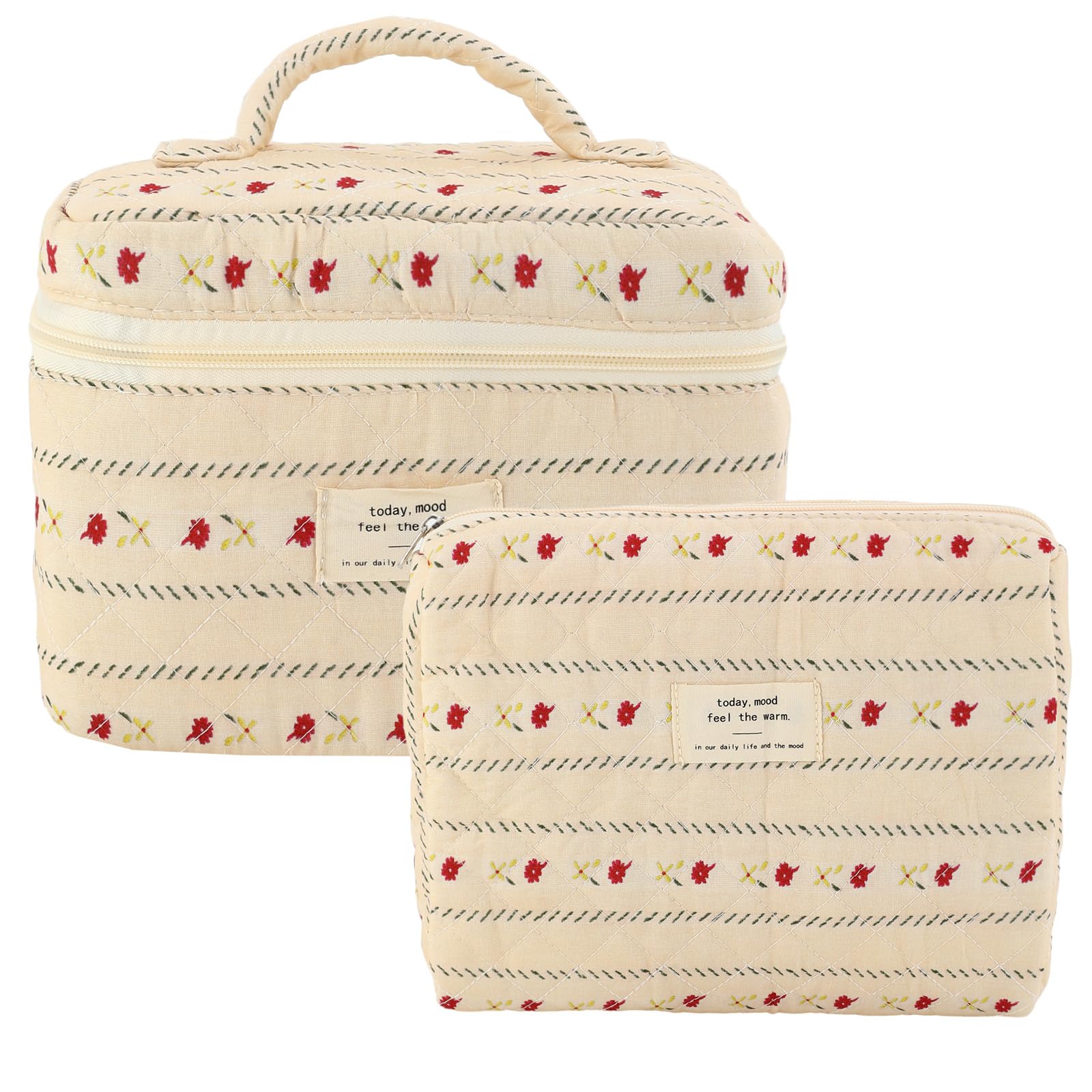 LYDZTION2PCS Floral Quilted Makeup Bag Set for Women,Cosmetic Bag Coquette Travel Makeup Bag Pouch Cute Cotton Aesthetic Makeup Organizer Bag Large Travel Essentials for Women-Tan