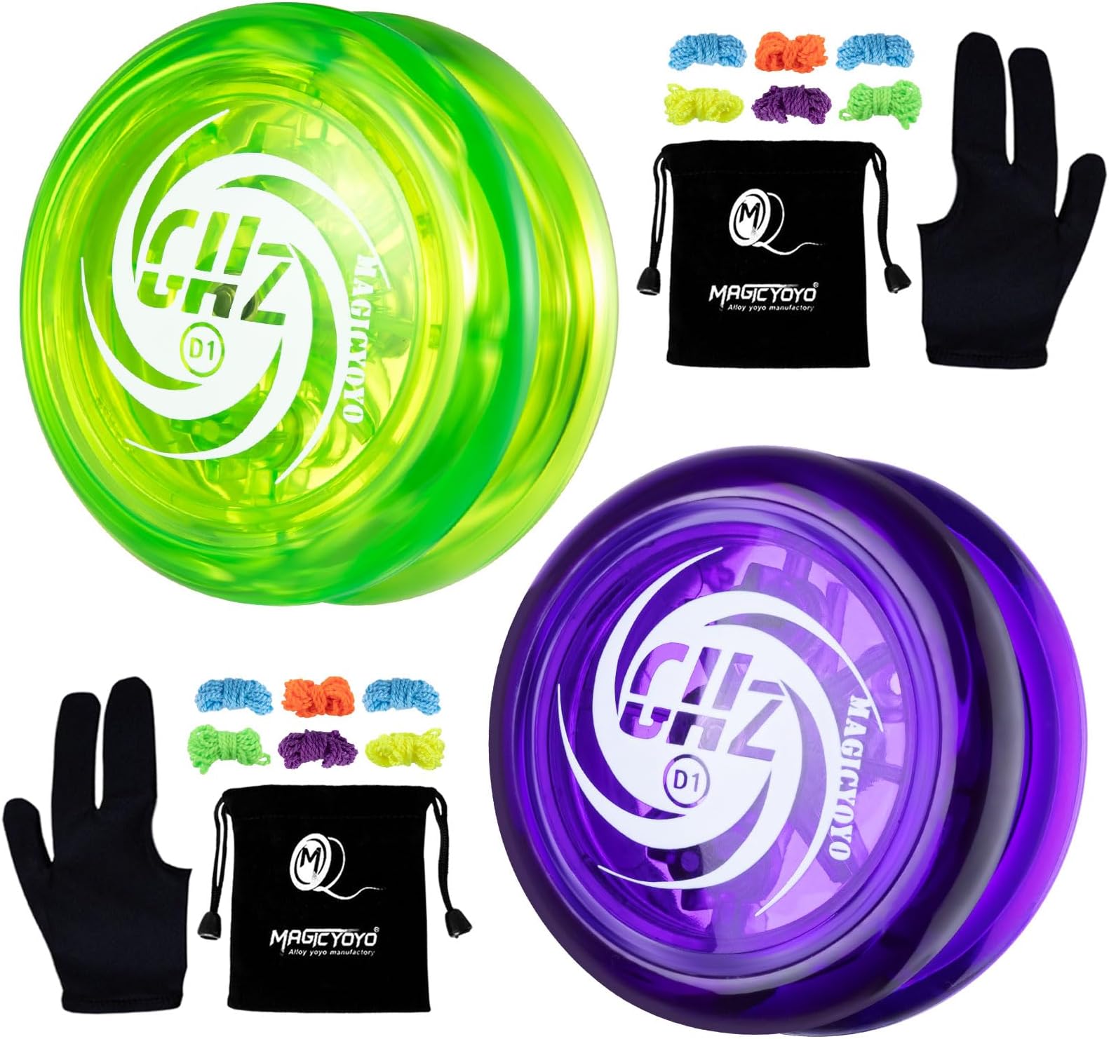 MAGICYOYOPack of 2 Responsive Yoyos for kids, Durable Beginner Yoyo D1, Crystal Purple & Crystal Green, Professional 2A Looping Yoyo with 12 Yoyo Strings + 2 Glove + 2 Yoyo Bag