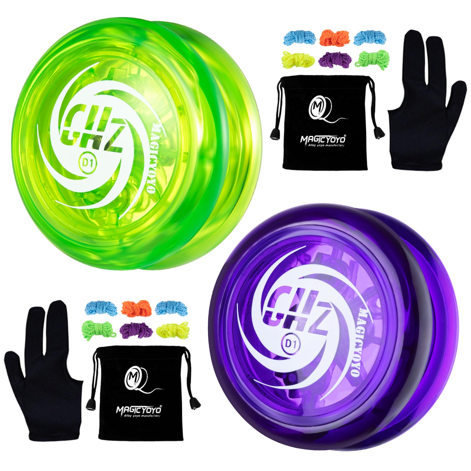 MAGICYOYOPack of 2 Responsive Yoyos for kids, Durable Beginner Yoyo D1, Crystal Purple & Crystal Green, Professional 2A Looping Yoyo with 12 Yoyo Strings + 2 Glove + 2 Yoyo Bag