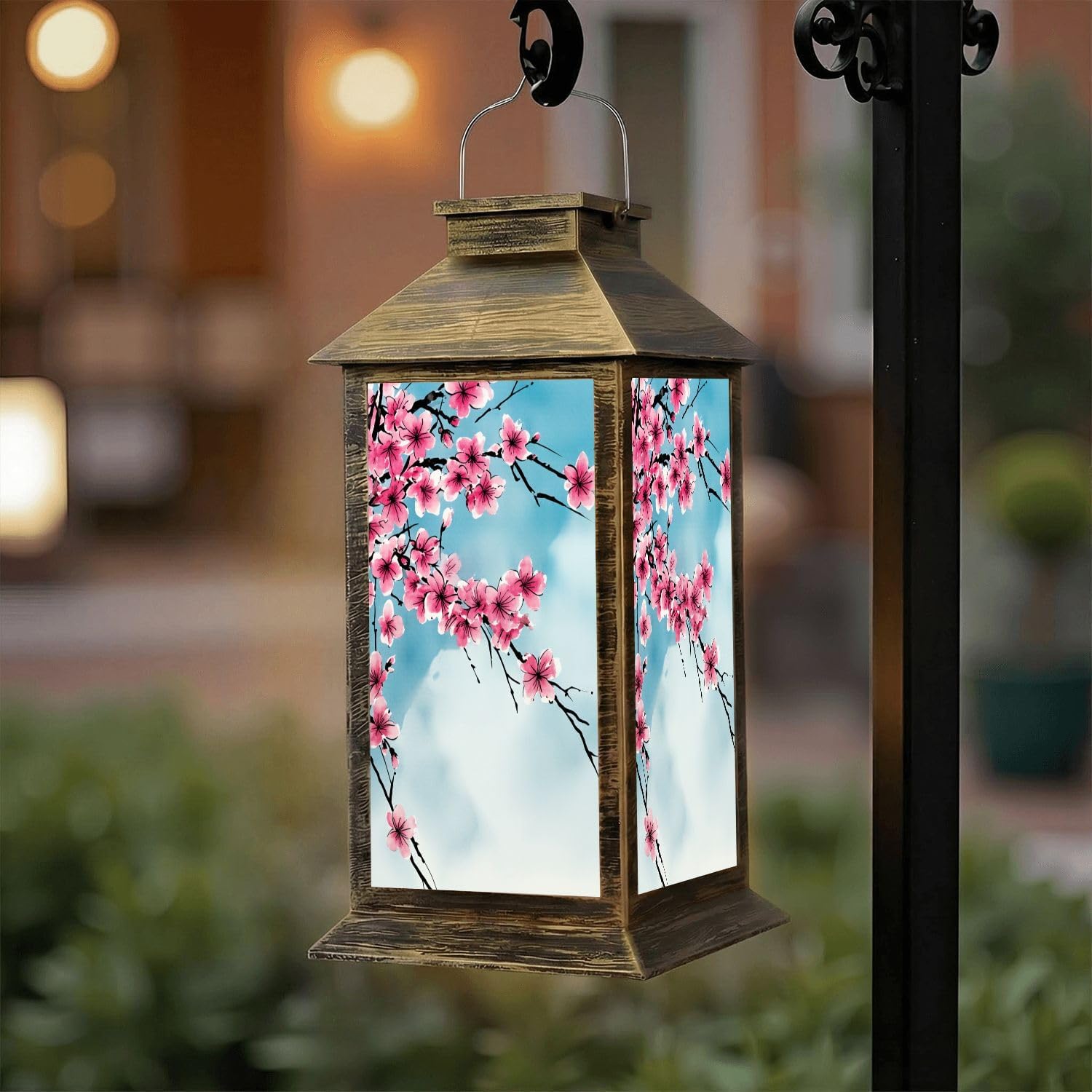 Solar Lantern Outdoor Waterproof Pink Cherry Blossom Branches Soft Blue Garden Decor LED Hanging Solar Lights Tabletop Lamp Gifts for Women Mom Outside Yard Patio Porch