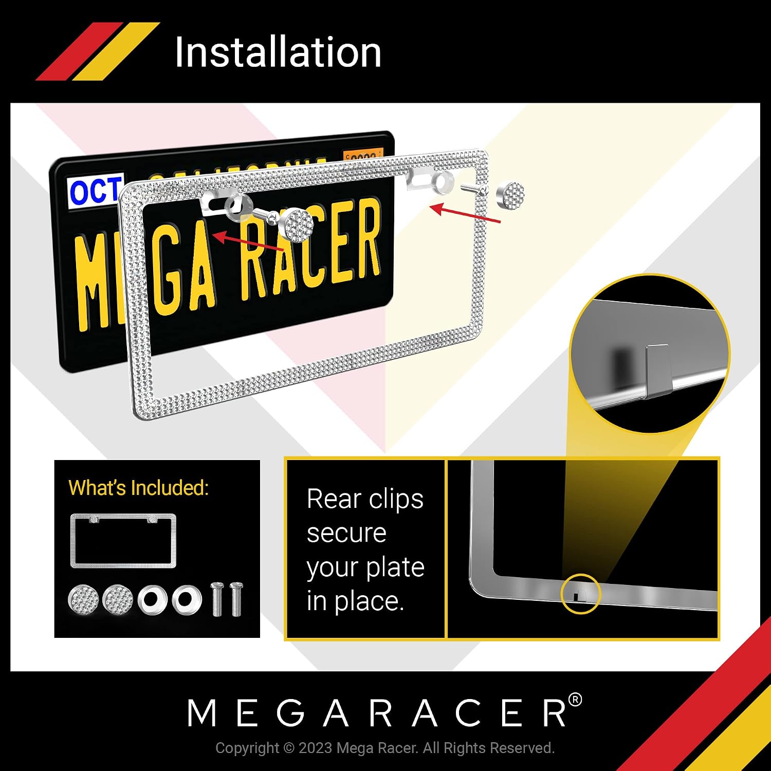 Mega Racer Crystal Diamond License Plate Frame - Premium 650 Pieces White Rhinestones Three Row, 2 Holes Stainless Steel Weatherproof, 1 Piece