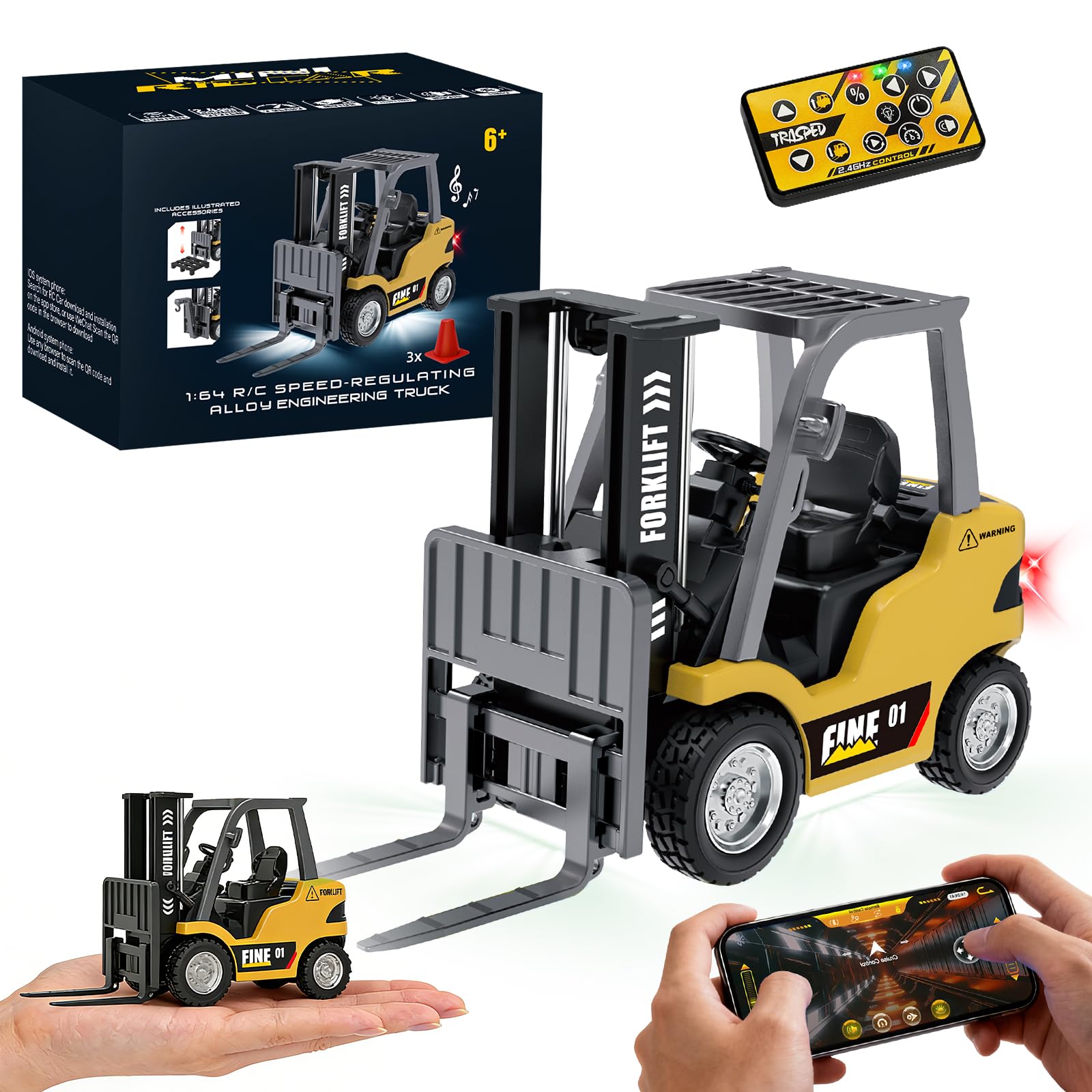 YESHIN Mini RC Gabelstapler Spielzeug aus Metall, Fernsteuerbarer Gabelstapler mit App-Programmierung, Tempomat & Geschwindigkeitsregelung, Hebbare Gabel, Sound & LED-Licht, USB-aufladbar