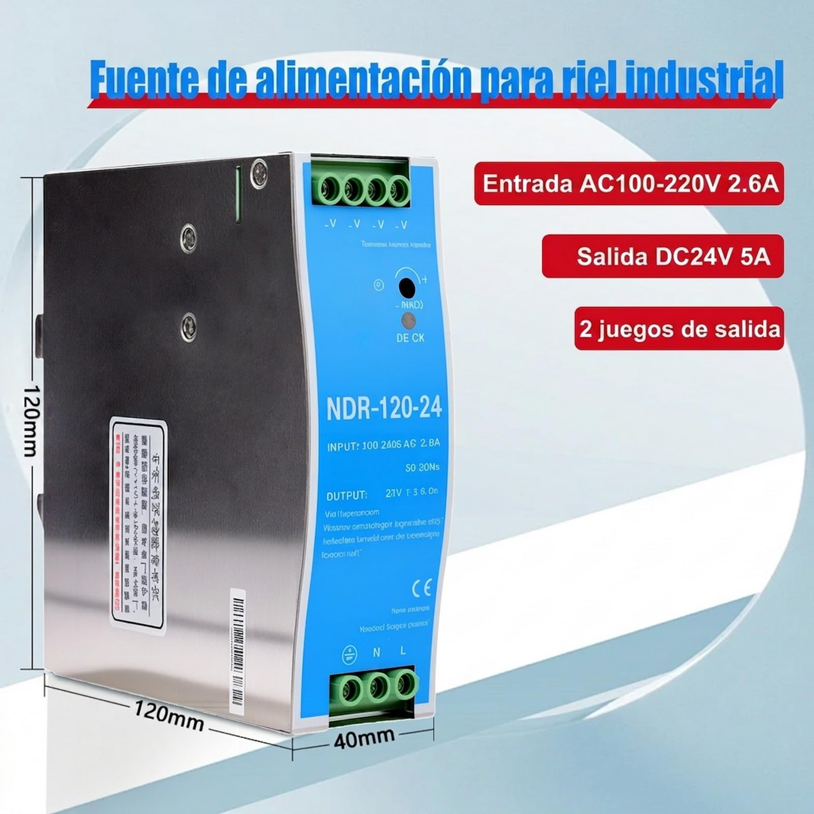 DIN Power 120W Fuente de alimentacion carril din 24V Alimentation sur rail din para entrada de CA 100-220V 2,6A, salida de CC 24V 5A Varias funciones de protección Modelo industrial NDR-120W-24V.