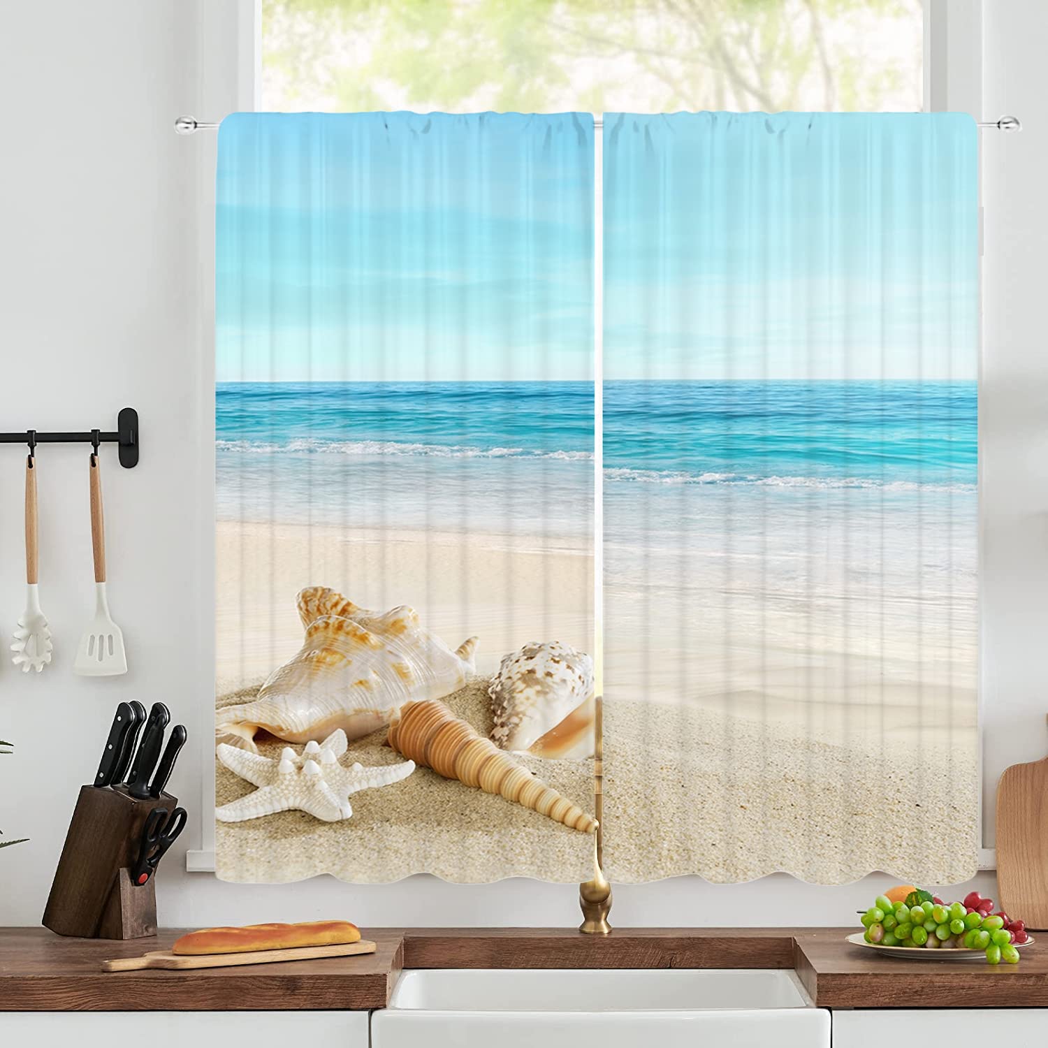IFFVGX Ocean Kitchen Bathroom Curtains 27.5(W) x39(H) Rod Pocket Beach Sand Waves Sealife Marine Design with Shells Hot Summer Sun Holiday Print, Window Drapes 2 Panel Set for Kitchen Cafe Decor