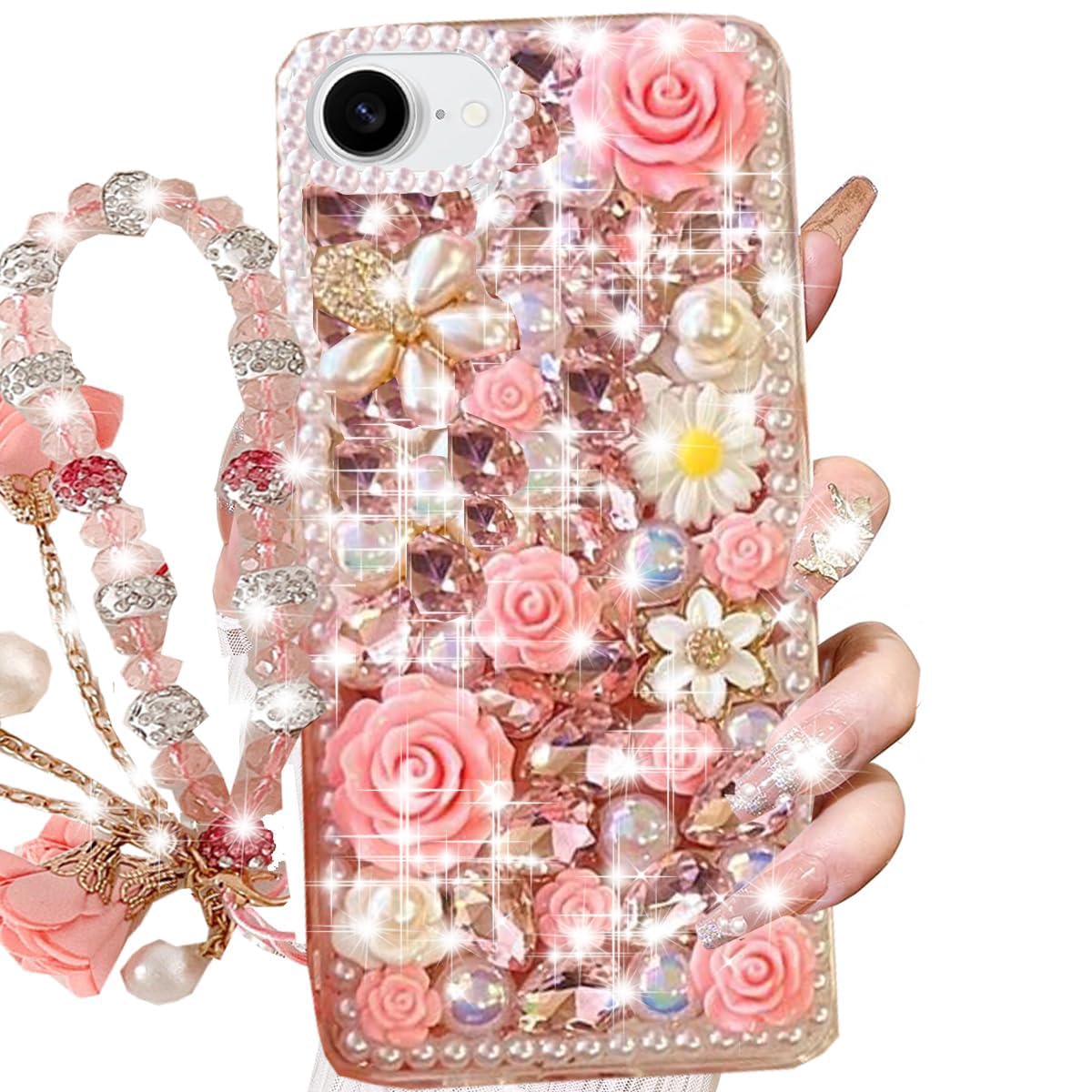 Changjia for iPhone 16e/17e Glitter Bling Case,Cute Girly Luxury 3D Sparkle Crystal Rhinestones Flowers Diamond Pearl Gems with Lanyard Wrist Strap Women Girls Phone Case for iPhone 16e/17e 6.1", Pink