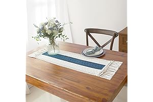 Boho Dining Table Runner with Macrame Tassels - Cream & Blue 12x36 Inches