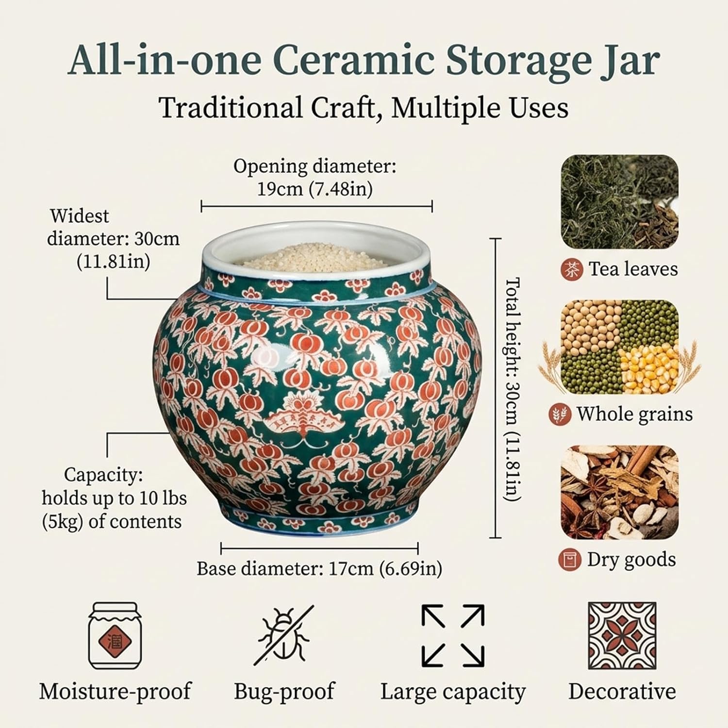 Ceramic Rice Storage Container with Lid,Dispenser Sealed Rice Storage Bin