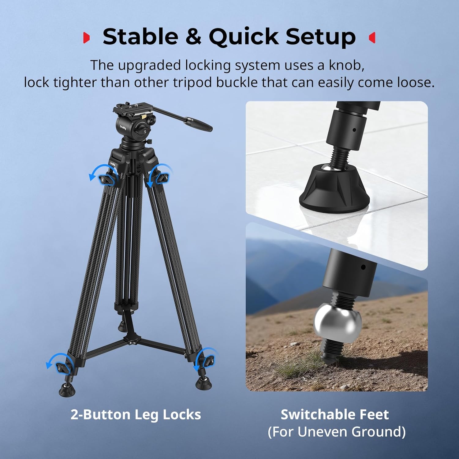 SMALLRIG AD-14-5441 Tripod showing 2-button leg locks and switchable feet for uneven ground