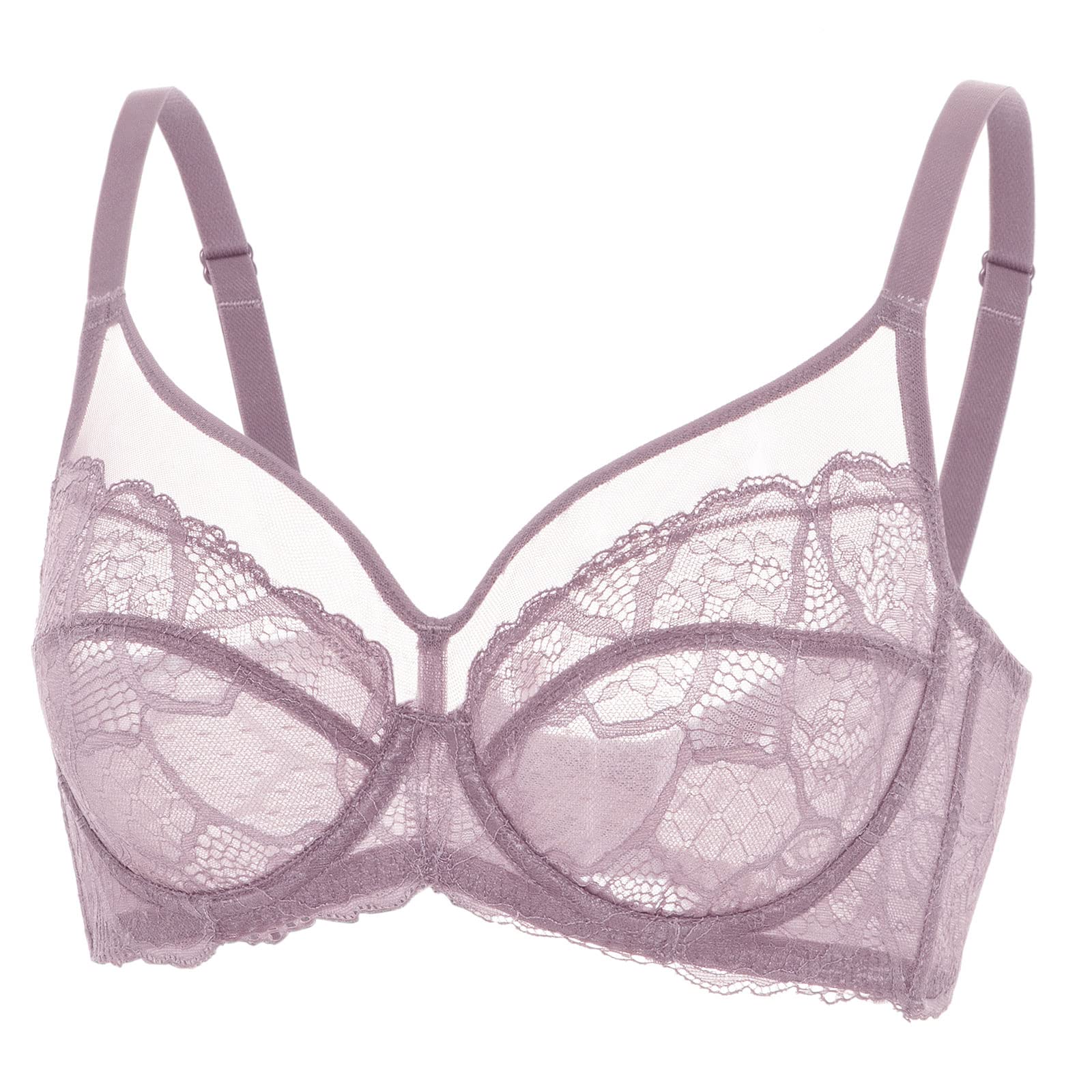 Dobreva Women's Rose Brown Lace Full Coverage Minimiser Bra Unlined Underwire See Through Plus Size Bra 40C